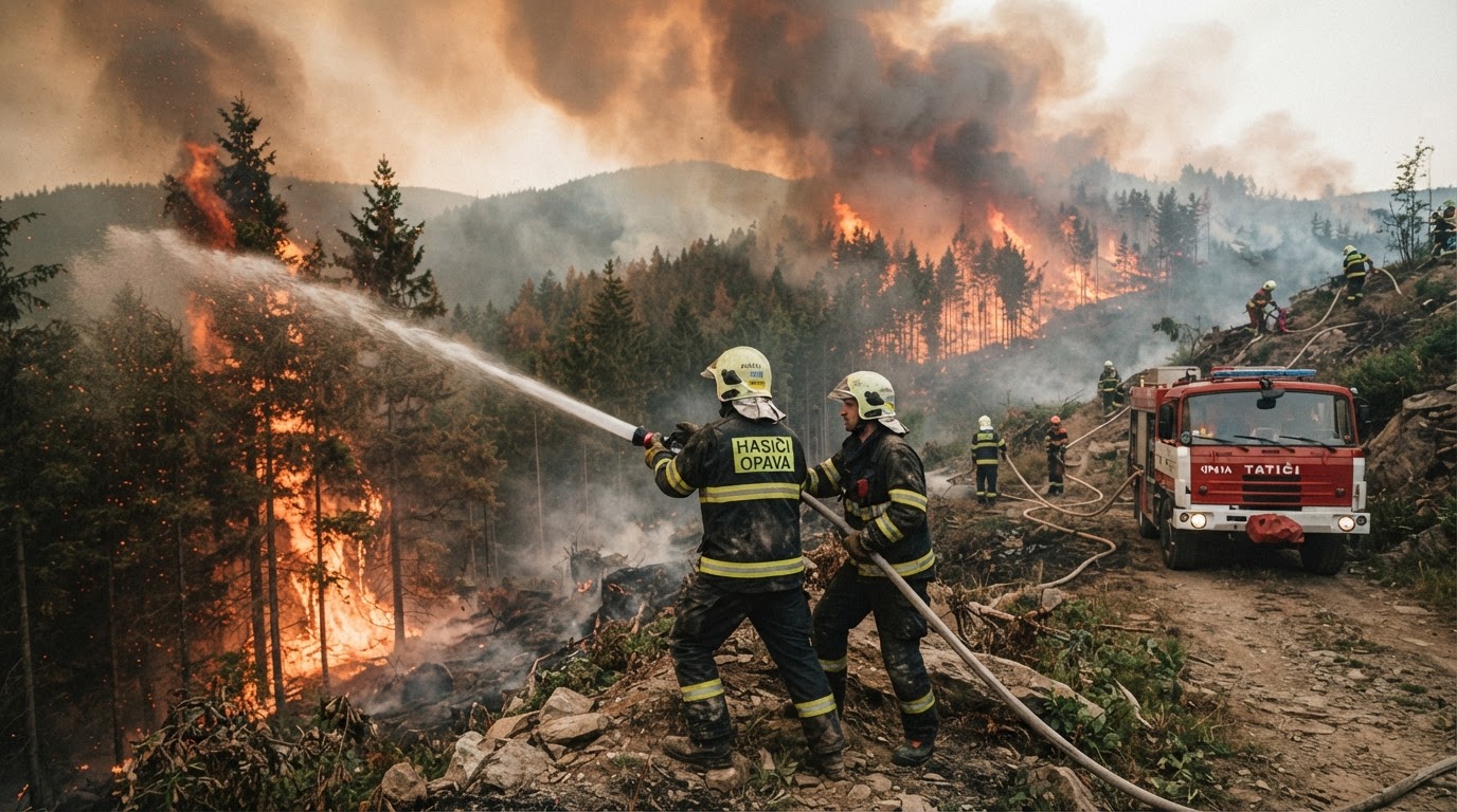 Hasiči dál bojují s požárem lesa na Opavsku